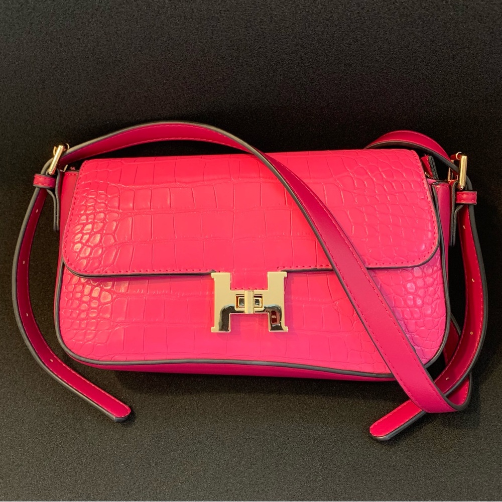 H Initial Bag Pink Croc Designer Look Convertible Crossbody/Satchel Strap NEW